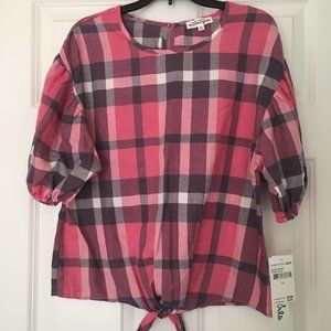 Girls Pink Plaid Top with Cute Puffed Sleeves